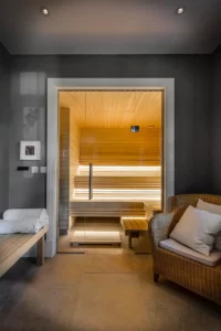 This image shows the sauna in Henley House which is part of the Traditional Build range from English Brothers